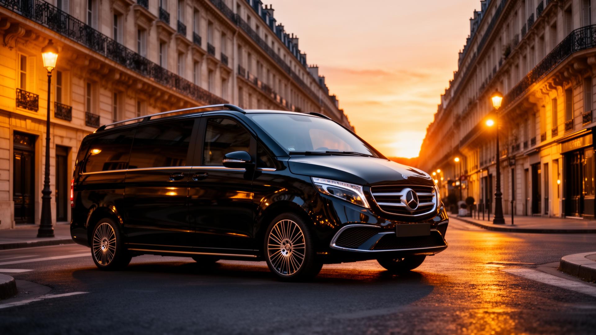 Mercedes V-Class in Paris at sunset